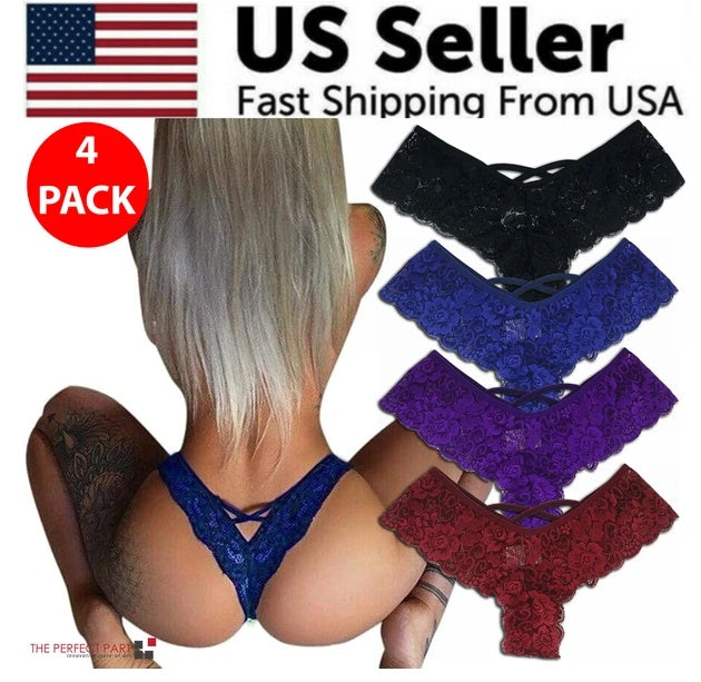 Paquete de 4 bragas de encaje sexy para mujer, lencería, tanga, talla grande